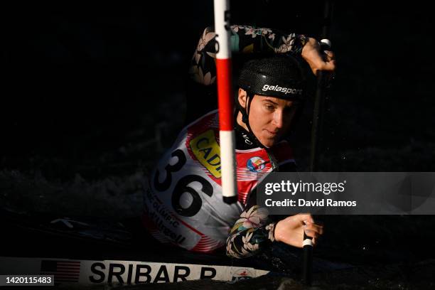 Ria Sribar of The United States competes in the first round of Women's Kayak K1 heats during the 2022 ICF Canoe Slalom World Cup Final on September...