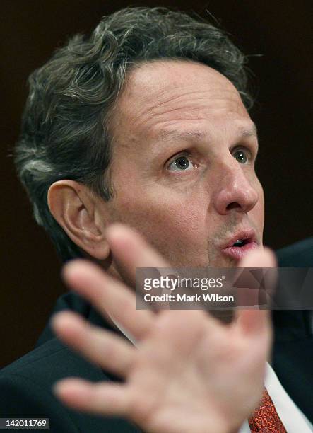 Treasury Secretary Timothy Geithner testifies during a Senate Appropriations Committee hearing on Capitol Hill, on March 28, 2012 in Washington, DC....