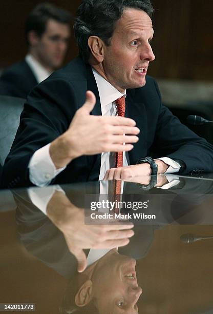 Treasury Secretary Timothy Geithner testifies during a Senate Appropriations Committee hearing on Capitol Hill, on March 28, 2012 in Washington, DC....