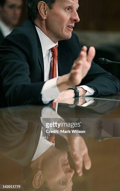 Treasury Secretary Timothy Geithner testifies during a Senate Appropriations Committee hearing on Capitol Hill, on March 28, 2012 in Washington, DC....
