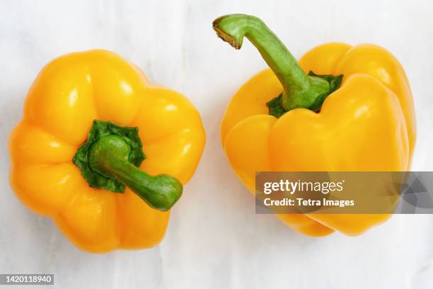 studio shot of two yellow bell peppers - gelbe paprika stock-fotos und bilder