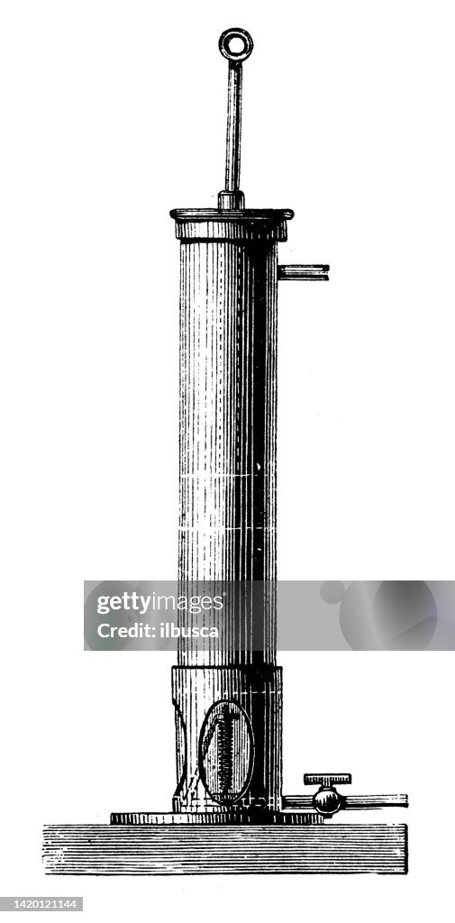 Antique illustration, physics principles and experiments, heat and temperature: Compressed air heat development