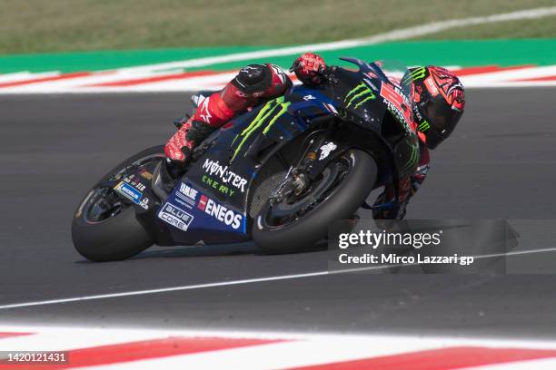 Fabio Quartararo of France and Monster Energy Yamaha MotoGP Team rounds the bend during the MotoGP Of San Marino - Free Practice at Misano World...