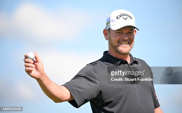 David Drysdale of Scotland celebrates a hole in one on the 10th hole during Day Two of the Made in HimmerLand at Himmerland Golf & Spa Resort on...