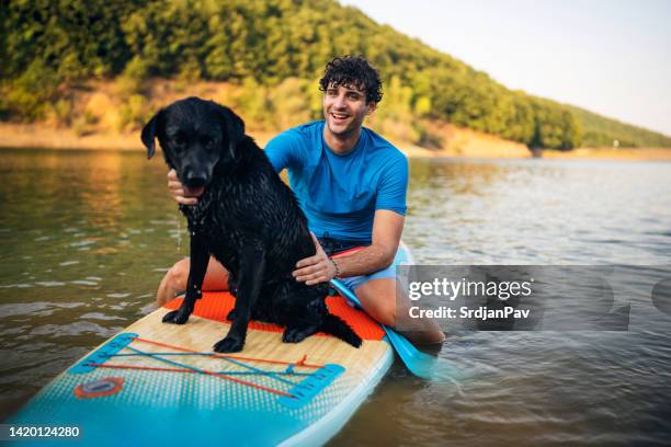 man with his dog an black labrador, sitting on a standup paddleboard on a lake - black lab stock pictures, royalty-free photos & images