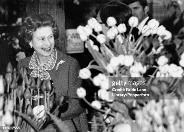 Queen Elizabeth II admiring flowers in the pavillion during a tour of the Chelsea Flower Show, London, 25th May 1984.