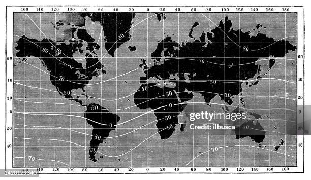 ilustrações, clipart, desenhos animados e ícones de ilustração antiga, princípios e experimentos da física, eletricidade e magnetismo: inclinação magnética (mergulho) mapa do mundo - banhando