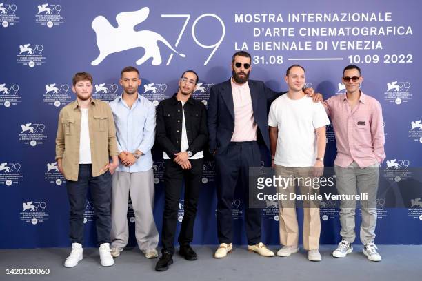 Anthony Bajon, Dali Benssalah, Sami Slimane, director Romain Gavras, Alexis Manenti and Ouassini Embarek attend the photocall for "Athena" at the...