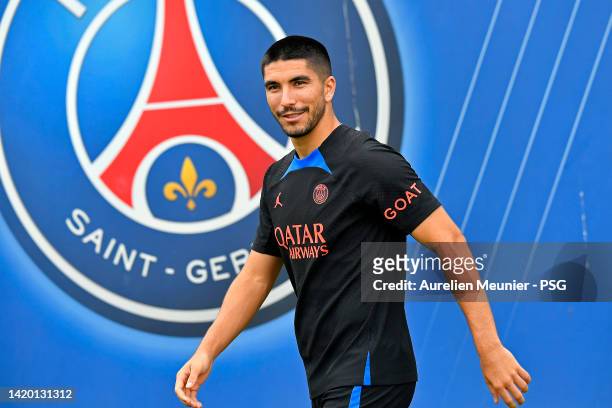 Carlos Soler looks on during a Paris Saint-Germain training session at the PSG training center on September 02, 2022 in Paris, France.