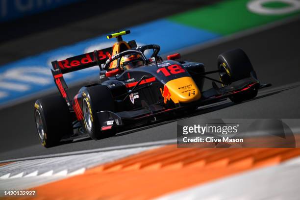 Isack Hadjar of France and Hitech Grand Prix drives on track during qualifying ahead of Round 8:Zandvoort of the Formula 3 Championship at Circuit...