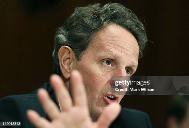 Treasury Secretary Timothy Geithner testifies during a Senate Appropriations Committee hearing on Capitol Hill, on March 28, 2012 in Washington, DC....