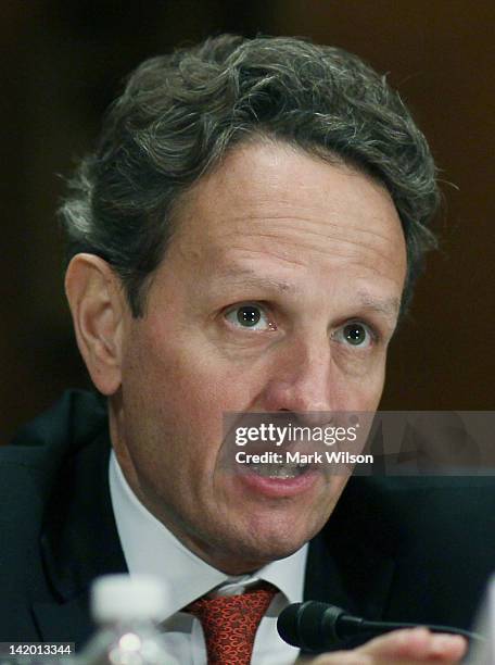 Treasury Secretary Timothy Geithner testifies during a Senate Appropriations Committee hearing on Capitol Hill, on March 28, 2012 in Washington, DC....