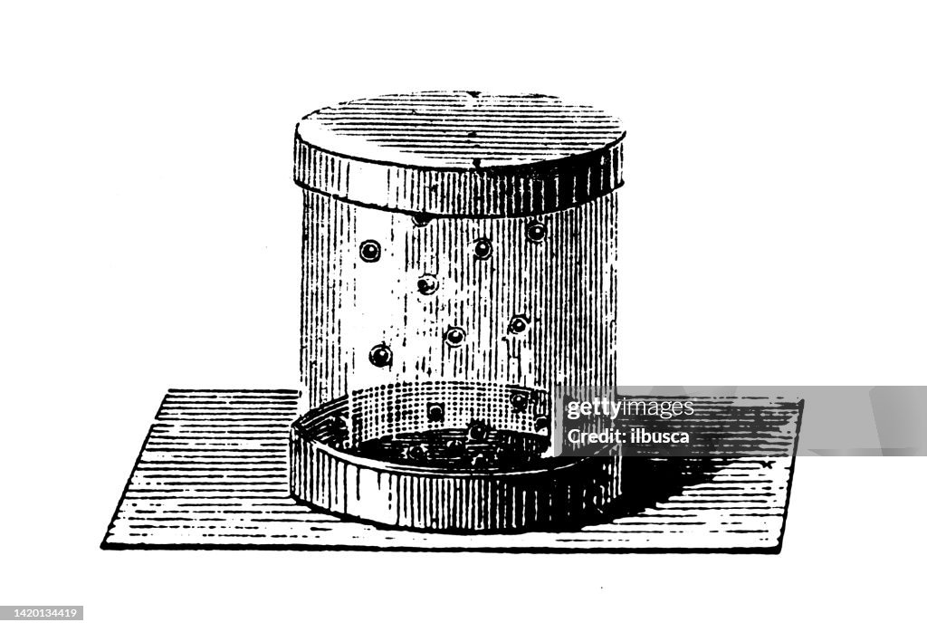 Antique illustration, physics principles and experiments, electricity and magnetism: Cork spheres electric dance