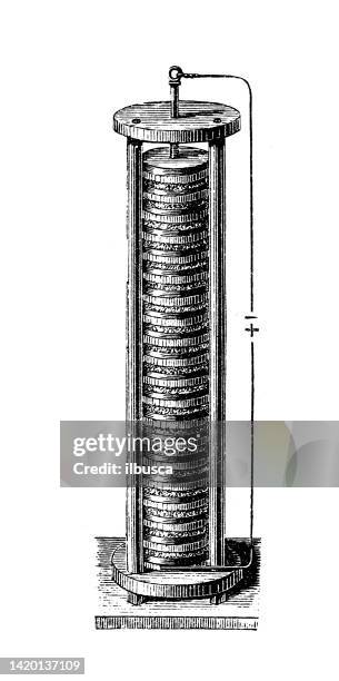 アンティークイラストレーション、物理学の原理と実験、電気と磁気:ボルタの杭 - alessandro volta点のイラスト素材／クリップアート素材／マンガ素材／アイコン素材