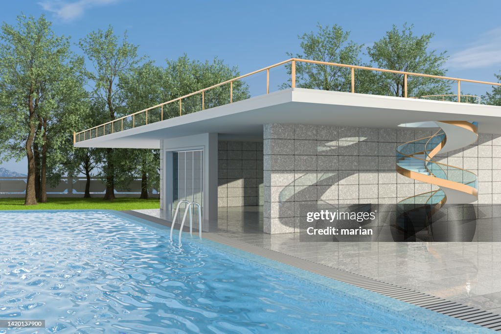 Outdoor Swimming Pool And Spiral Staircase High-Res Stock Photo - Getty ...