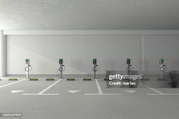 3d rendering,indoor charging pile parking space - estación de carga eléctrica fotografías e imágenes de stock