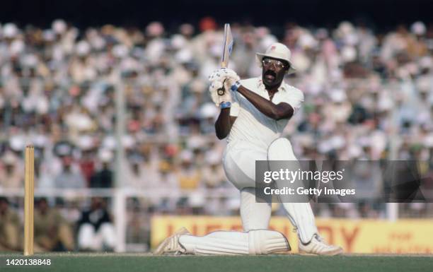West Indies batsman Clive Lloyd in batting action during his first innings centurY during the 5th Test Match against India on December 11th, 1983 in...