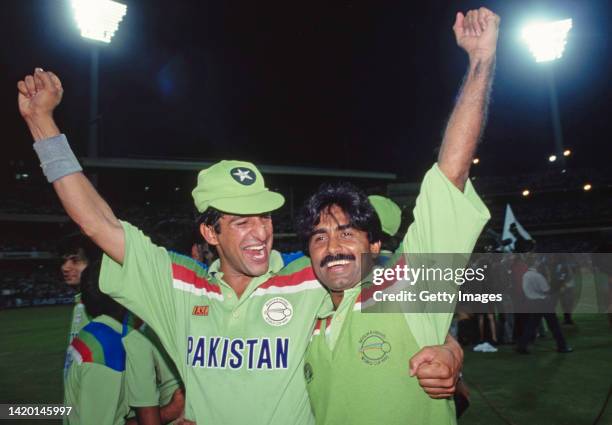 Pakistan players Wasim Akram celebrates with Javed Miandad after the 1992 World Cup Final victory against England on March 25th, 1992 in Melbourne,...