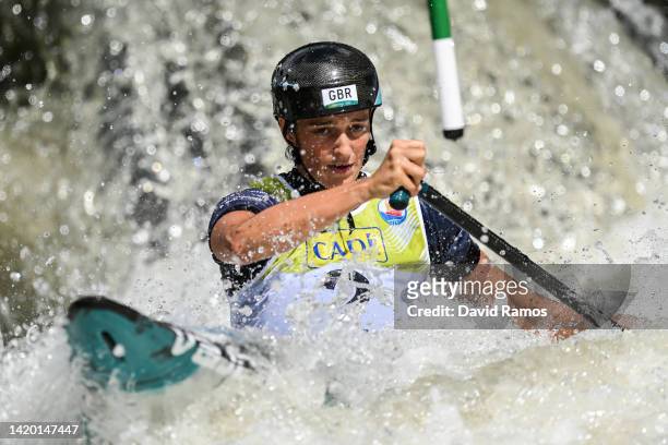 Mallory Franklin of Great Britain competes in the first round of Women's Canoe 1 heats during the 2022 ICF Canoe Slalom World Cup Final on September...