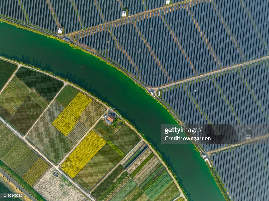 High angle view of Solar panels , agricultural landscape