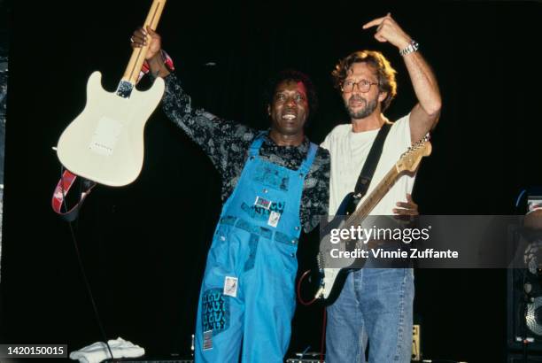 Buddy Guy and Eric Clapton perform on stage in Los Angeles, California, United States, September 1991.