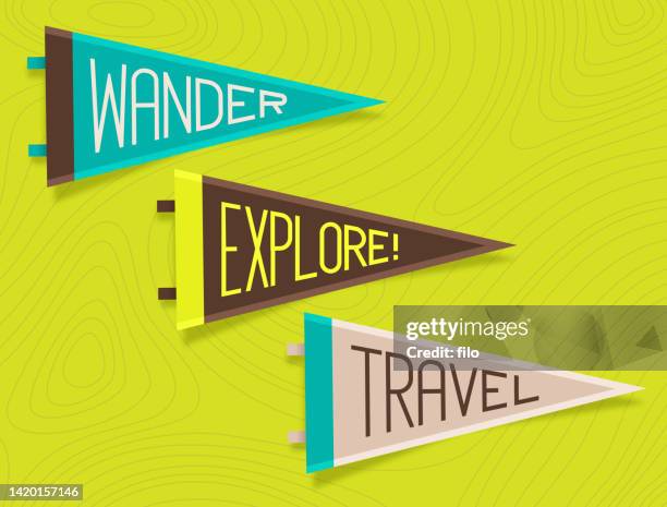 exploration and travel adventure pennant flag designs - pennant_(sports) stock illustrations