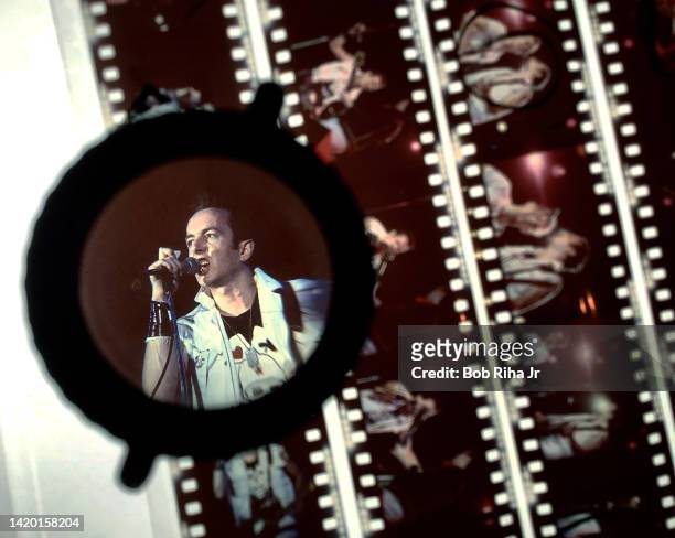 English musician Joe Strummer of the Clash, plays guitar as he performs onstage during the US Festival at Glen Helen Regional Park, May 28, 1983 in...