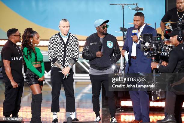 S Michael Strahan interviews apl.de.ap, J.Rey Soul,Taboo and will.i.am. Of Black Eyed Peas on ABC's "Good Morning America" at Rumsey Playfield,...