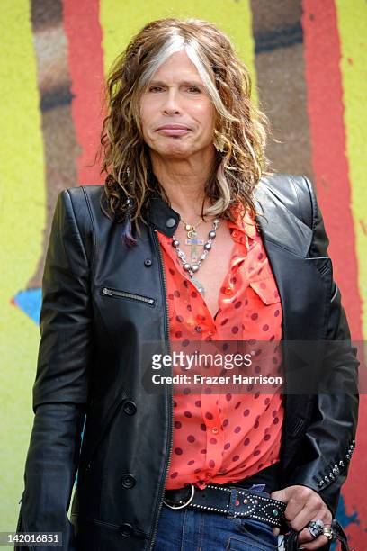 Musician Steven Tyler of Aerosmith on stage at the bands announcement of their "The Global Warming" Tour at The Grove on March 28, 2012 in Los...