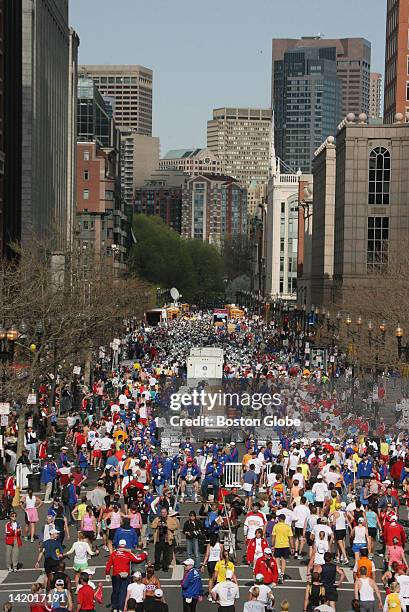 Crowd of people on Boylston Street during the marathon.