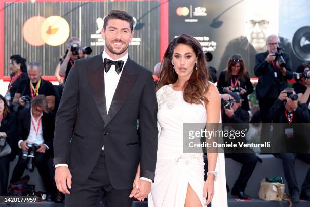 Ignazio Moser and Cecilia Rodriguez attend the "Bones And All" red carpet at the 79th Venice International Film Festival on September 02, 2022 in...