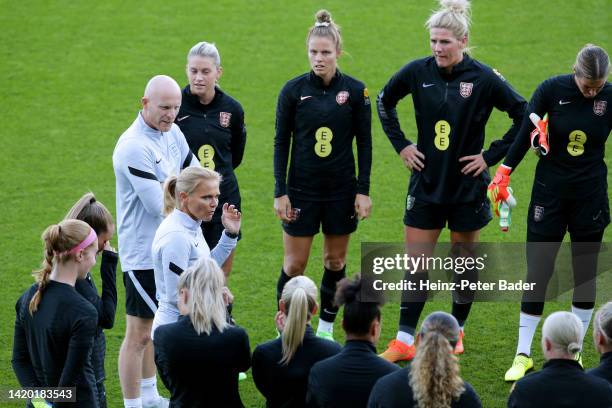 Sarina Wiegman, Manager of England speaks to their team during the England Women Training Session and Press Conference at Stadion Wiener Neustadt on...