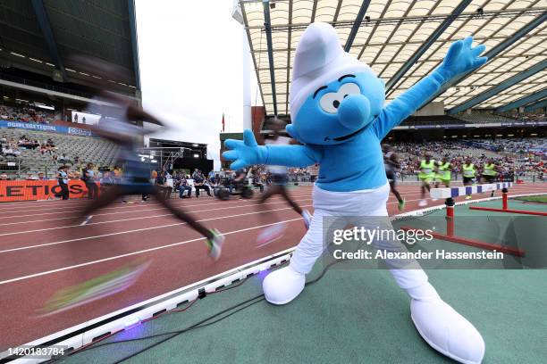 The Allianz Memorial Van Damme 2022 mascot, Papa Smurf, poses for a photo during the 1 Hour Men Final during the Allianz Memorial Van Damme 2022,...