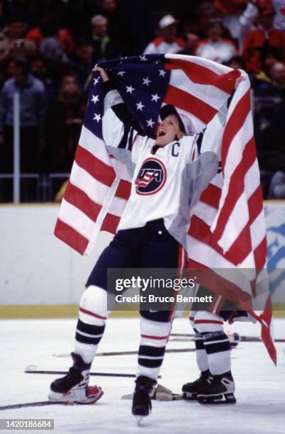 Cammi Granato celebrates the Olympic Gold Medal victory in February of 1998 in Nagano, Japan.