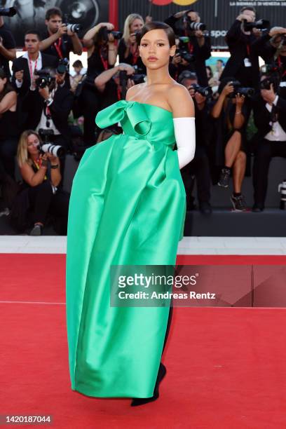 Taylor Russell attends the "Bones And All" red carpet at the 79th Venice International Film Festival on September 02, 2022 in Venice, Italy.