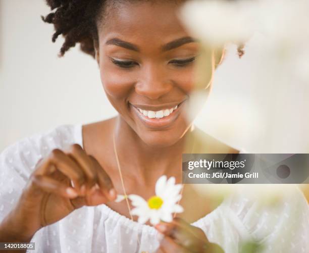 black woman plucking petals from daisy - 花びら占い ストックフォトと画像