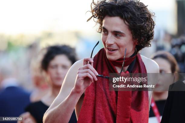 Timothee Chalamet attends the "Bones And All" red carpet at the 79th Venice International Film Festival on September 02, 2022 in Venice, Italy.