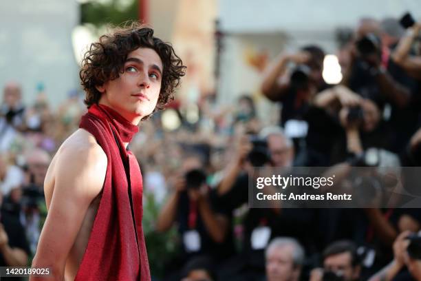 Timothee Chalamet attends the "Bones And All" red carpet at the 79th Venice International Film Festival on September 02, 2022 in Venice, Italy.