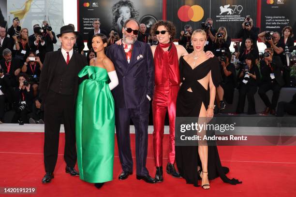 Mark Rylance, Taylor Russell, director Luca Guadagnino, Timothee Chalamet and Chloë Sevigny attend the "Bones And All" red carpet at the 79th Venice...