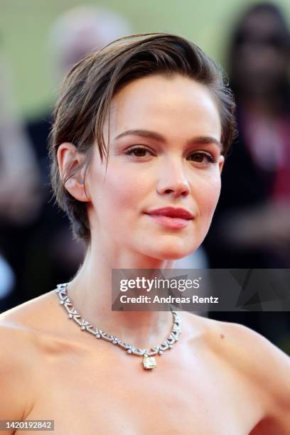 Emilia Schüle attends the "Bones And All" red carpet at the 79th Venice International Film Festival on September 02, 2022 in Venice, Italy.