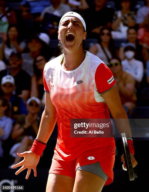 Ons Jabeur of Tunisia celebrates after defeating Shelby Rogers of the United States during their Women's Singles Third Round match on Day Five of the...