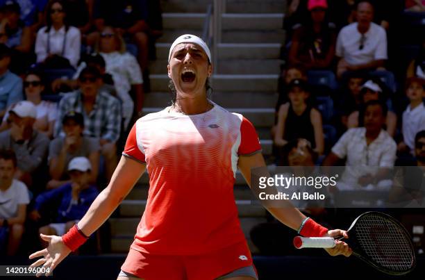 Ons Jabeur of Tunisia celebrates after defeating Shelby Rogers of the United States during their Women's Singles Third Round match on Day Five of the...