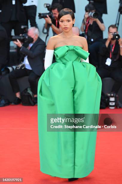 Taylor Russell attends the "Bones And All" red carpet at the 79th Venice International Film Festival on September 02, 2022 in Venice, Italy.