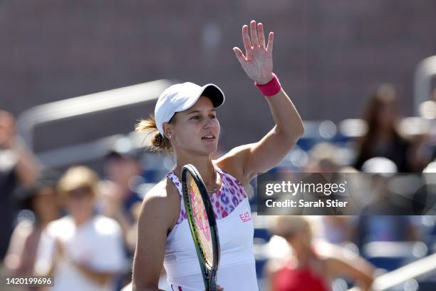 Veronika Kudermetova celebrates after defeating Dalma Galfi of Hungary during their Women's Singles Third Round match on Day Five of the 2022 US Open...