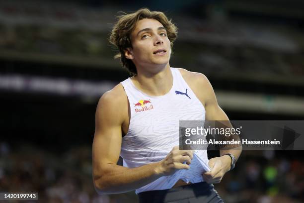 Armand Duplantis of Sweden looks on after a jump in Men's Pole Vault during the Allianz Memorial Van Damme 2022, part of the 2022 Diamond League...