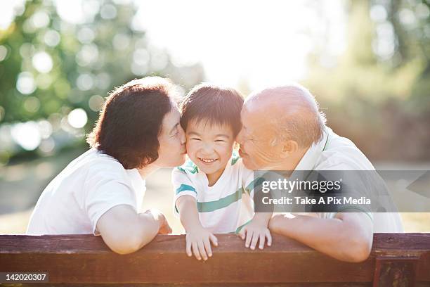 chinese grandparents kissing grandson - chinese kissing stock pictures, royalty-free photos & images