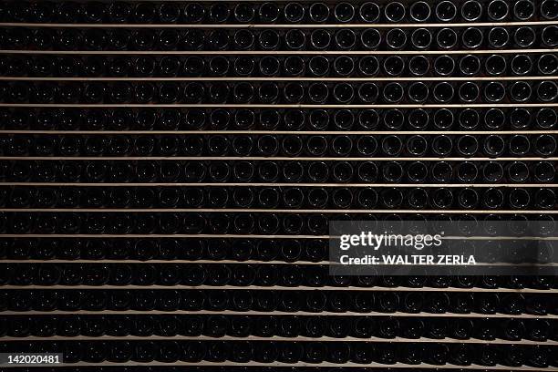 empty bottles of wine in rack - wine shelf stock pictures, royalty-free photos & images