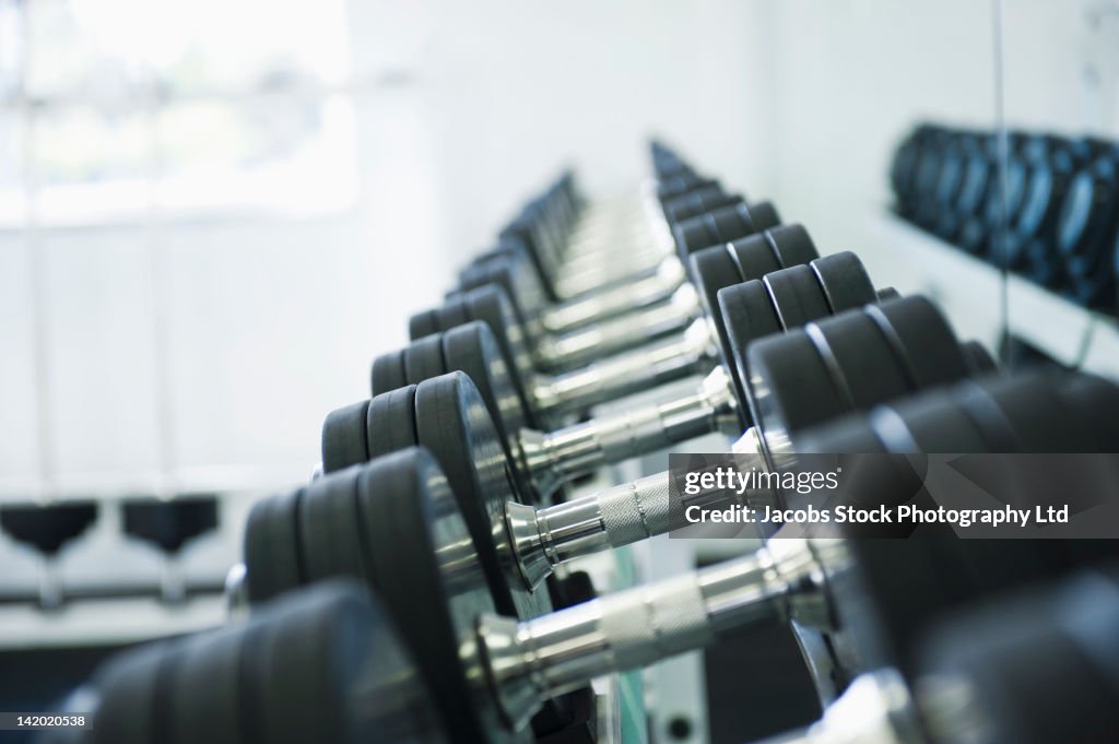 Close up of dumbbells in health club