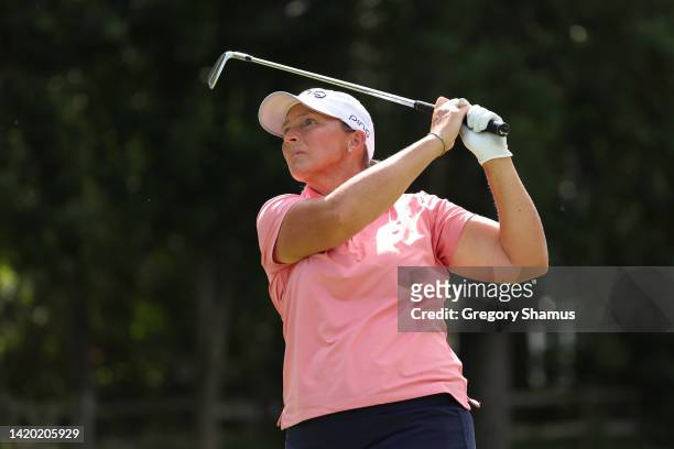 Angela Stanford watches her tee shot on the 14th hole during the second round of the Dana Open presented by Marathon at Highland Meadows Golf Club on...