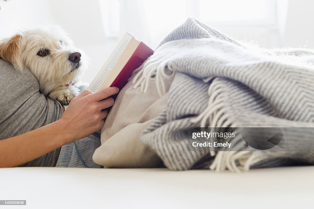 Woman reading in bed with dog